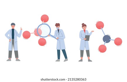Científico en laboratorio con un pequeño personaje en blanco haciendo investigación química con un enorme conjunto de vectores de equipo de laboratorio