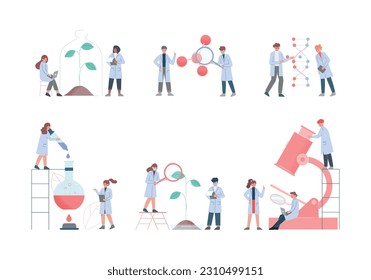 Scientist in Lab with Tiny People Character in White Coat Doing Chemical Research with Huge Laboratory Equipment Vector Set