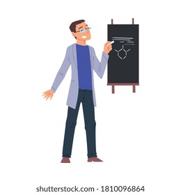 Scientist in Lab, Young Man in Coat Doing Chemical Research in Science Laboratory, Man Writing on the Chalkboard Vector Illustration on White Background