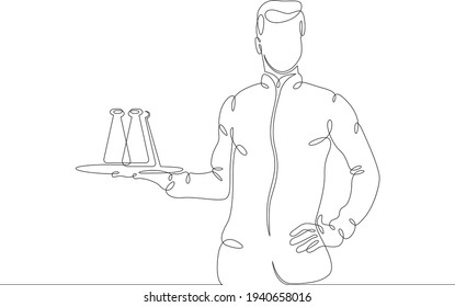 Scientist laboratory assistant student works in a laboratory with test tubes and instruments. Education and Science. One continuous drawing line  logo single hand drawn art doodle isolated minimal