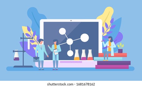 Scientist in laboratory, chemical scientifical research with scientists mini people and chemical formulas on huge computer sqreen and books flat vector illustration. Research in science lab.