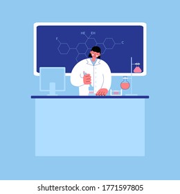 Scientist in the laboratory concept illustration, research lab vector illustration. Female in white coat working on virus research. Biochemistry lab. Drug development cartoon