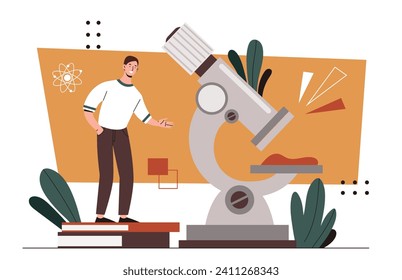 Scientist in laboratory concept. Man with microscope. Education and training, learning. Young guy studies structure of molecules and atoms. Scientific experiment. Cartoon flat vector illustration