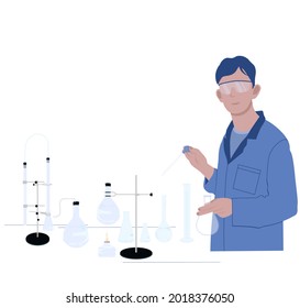 Ein Wissenschaftler im Labor führt Untersuchungen und Tests zum Impfstoff durch. Vektorgrafik. Erstellen eines Prototyps. Epidemiologie. Diagnose einer neuen Infektion. Einzeln auf weißem Hintergrund.