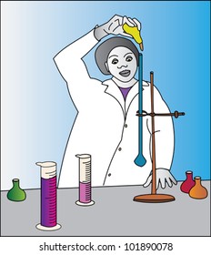 Scientist in a laboratory doing an experiment with beakers and chemicals