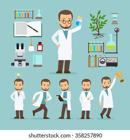 Scientist with laboratory equipment icons