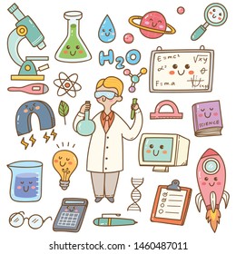 scientist with laboratory equipment in kawaii doodle style illustration