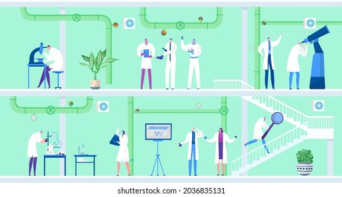 Scientist with laboratory equipment make chemistry experiment, vector illustration, man woman character at science chemical research set.