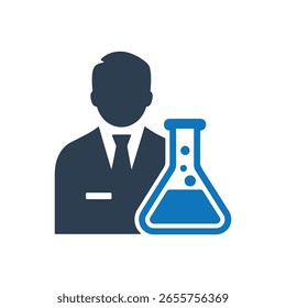 Scientist with laboratory flask Icon Isolated On White Background