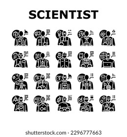 scientist laboratory lab science icons set vector. doctor research, medical technology, woman medicine, chemistry, scientific people scientist laboratory lab science glyph pictogram Illustrations