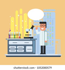 Scientist in a laboratory. Man in a lab coat with a microscope. Vector illustration