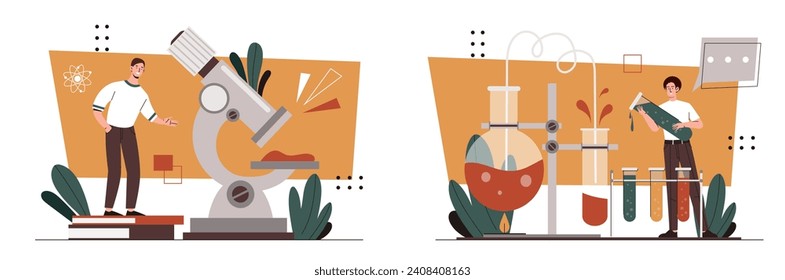 Scientist laboratory set. Two men with magnifyer and flasks with reagents. Chemical research in laboratory. Education and learning. Cartoon flat vector collection isolated on white background