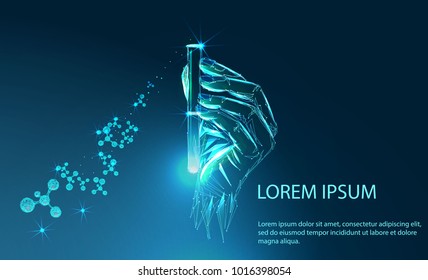 Scientist or laboratory test tube in hand, science research concept. Banner. Low poly vector illustration of a starry sky or Cosmos. 