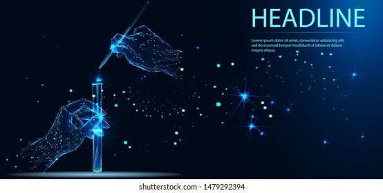 Scientist or laboratory test tube and medicine dropper in hands, science research concept. Banner. Low poly vector illustration. Vector medicine illustration. Headline