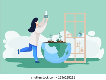 Scientist In Laboratory. Woman In White Coat, Environmental Investigator Or Chemical Researcher With Flask Makes Analyzes. Illustration Of Science Experiment In Lab With Half Globe Explore Ecology