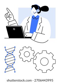 Scientist with laptop and headset gestures towards DNA helix and gears. Ideal for biotechnology, research, laboratory, technology integration, innovation, genetics, scientific workflow. Line metaphor
