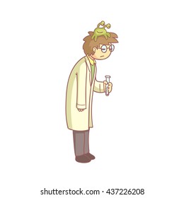Scientist With A Lazy Monster On The Head Flat Outlined Pale Color Funny Hand Drawn Vector Illustration Isolated On White Background