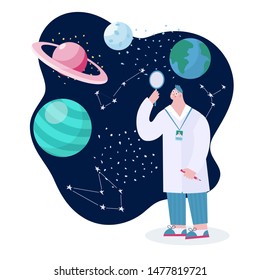Scientist learing outer space with stars, moon, rocket, asteroids, constellation on background. 
Researcher exploring universe and galaxy. Cartoon man studing earth, saturn, moon and pluto.