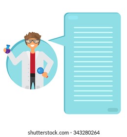 Scientist learning substance in flask. Thinking list. Template or blank with science and innovation concept.. Vector