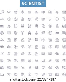 Scientist line icons, signs set. Scientist, Researcher, Geneticist, Botanist, Physicist, Biologist, Geologist, Chemist, Anthropologist outline vector illustrations.