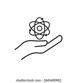 Scientist line symbol. Hand with atom line icon. Design template vector