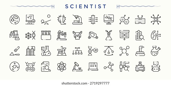 Scientist linear icon set. Biology vector line icon set. Contains such icons as analysis, biology, formula, chemistry lab, experiment and more.