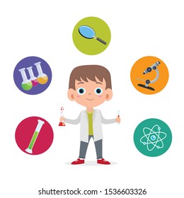 Scientist little boy. He is doing chemistry experiment.