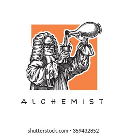 Scientist with long wig and glasses. Alchemist.
Vector image on orange square frame.