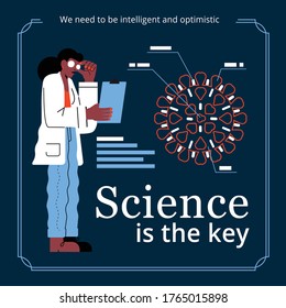 Scientist looking a cure for covid-19. Medical technology. Cure and treatment for coronavirus infection. Squared version.