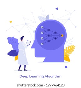 Scientist Looking At Head With Connected Nodes Inside. Concept Of Deep Learning Algorithm, Neural Network, Artificial Intelligence, Data Science. Modern Flat Vector Illustration For Poster, Banner.