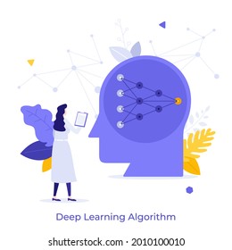 Scientist Looking At Head With Connected Nodes Inside. Concept Of Deep Learning Algorithm, Neural Network, Artificial Intelligence, Data Science. Modern Flat Vector Illustration For Poster, Banner.