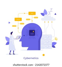 Scientist Looking At Human Head With Integrated Circuit Inside. Concept Of Cybernetics, Robotics, Scientific Research On AI Or Artificial Intelligence. Modern Vector Illustration For Banner, Poster.