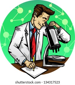 Scientist looking into a microscope and taking notes