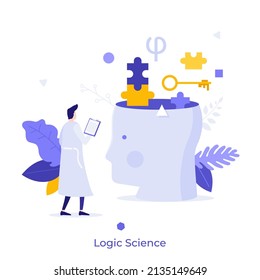 Scientist Looking At Jigsaw Puzzle Pieces And Key Coming Out Of Head. Concept Of Logical Or Rational Thinking, Analytical Mind, Human Intelligence. Modern Flat Vector Illustration For Banner, Poster.