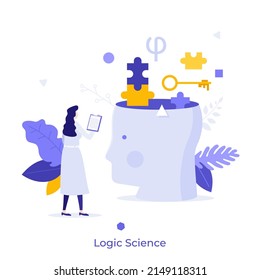 Scientist Looking At Jigsaw Puzzle Pieces And Key Coming Out Of Head. Concept Of Logical Or Rational Thinking, Analytical Mind, Human Intelligence. Modern Flat Vector Illustration For Banner, Poster.