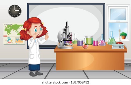 Scientist looking at the lab equipments in the room illustration