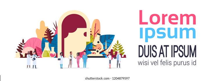 scientist looking microscope mix race doctors communicating medical lab , success medicine concept flat banner copy space vector illustration