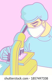 el científico está buscando en microscopios para probar las vacunas coronavirus covid-19