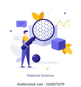 Científico mirando la estructura molecular del objeto a través de lupa. Concepto de ciencia material, ingeniería de polímeros, nanotecnología. Ilustración vectorial plana moderna para pancarta, afiche.