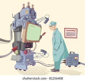 The scientist is looking on the error message of the giant robot's operating system.