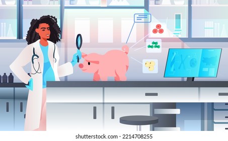 scientist looking on pig through magnifying glass cultured red raw veal made from animal cells artificial lab grown meat production concept modern lab interior horizontal vector illustration