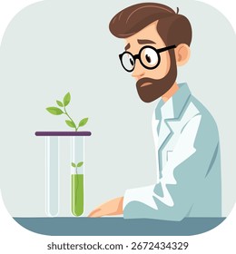 A scientist looking at a simple, stylized plant in a test tube with a look of quiet discovery.