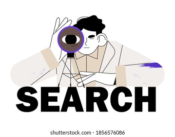 Scientist looking through field glass or telescope on sky, stars and space. Concept of search, discovery, research. Character with telescope for logo, emblem, ui ux, mobile application or web design.