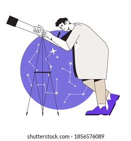 Científico mirando a través de vidrio de campo o telescopio sobre el cielo, las estrellas y el espacio. Concepto de búsqueda, descubrimiento, investigación. Carácter con telescopio para logotipo, emblema, ui ux, aplicación móvil o diseño web.