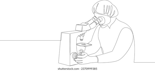 Científico mirando a través del microscopio en el plano de línea continua de laboratorio. Concepto de investigación científica trazado por una sola línea. Ilustración vectorial sobre fondo blanco.