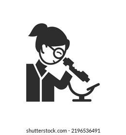 Scientist looking through a microscope, vector icon. Lab Technician. Monochrome black and white symbol