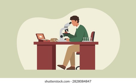 Scientist looking through a modern microscope while conducting research at laboratory desk
