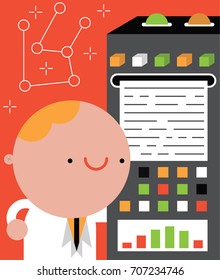 Scientist looks at the Results that are coming out of a Machine that is Processing Data and Information Technology Scientific Method Learn and Knowledge
