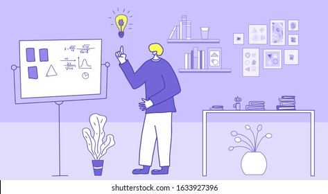 Scientist made a discovery in his lab. New generation scholar thinking about scientific solution near a board in his room.  Young  man or student have an idea. Vector  illustration.