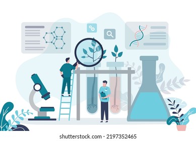 Scientist With Magnifying Glass Studying Molecular Composition Of New Plant. Botanists Analyze DNA And Create New Species. Biotechnologists Doing Experiments In Laboratory. Flat Vector Illustration